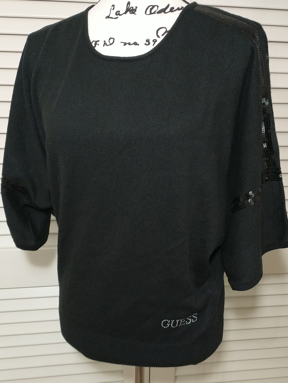 GUESS Sweater Scoop Neck Dolman Sleeves Sequin Details, Size 16, Black, Coquette